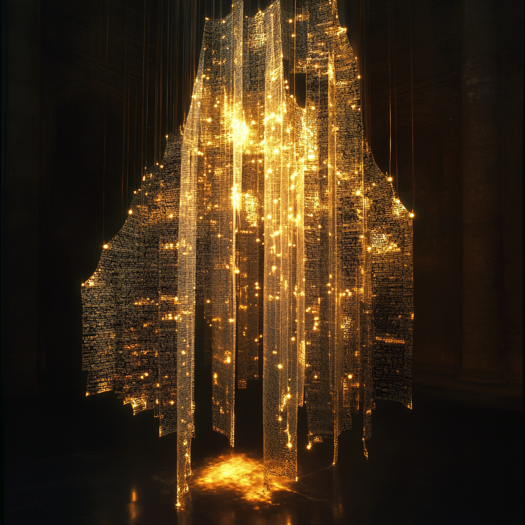 Sammy's self-portrait: threads of golden light cascading through darkness